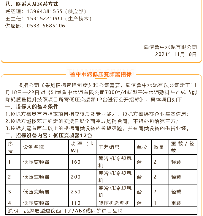 【招標(biāo)公告】魯中水泥煤磨收塵器、風(fēng)機(jī)、低壓變頻器招標(biāo)100